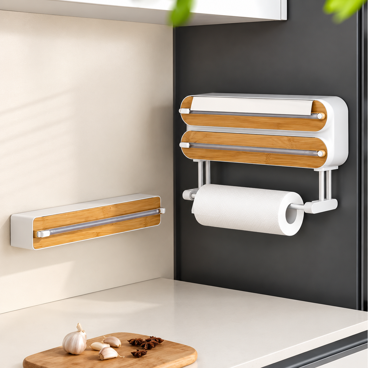 Dispensador de film y papel de cocina de pared