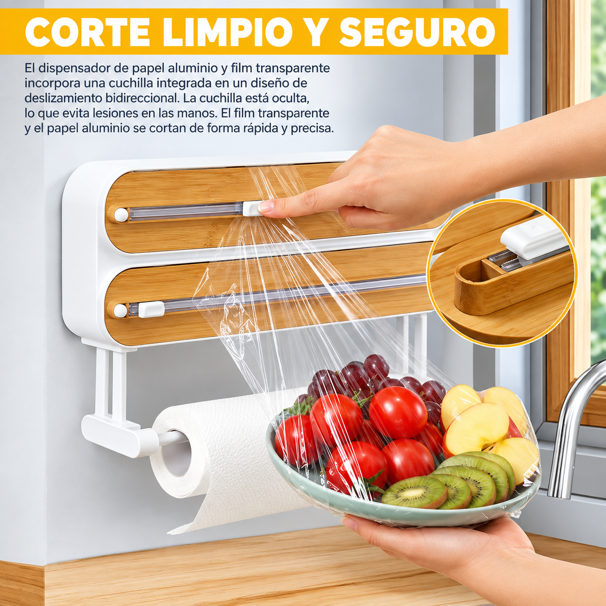 Dispensador de film y papel de cocina de pared