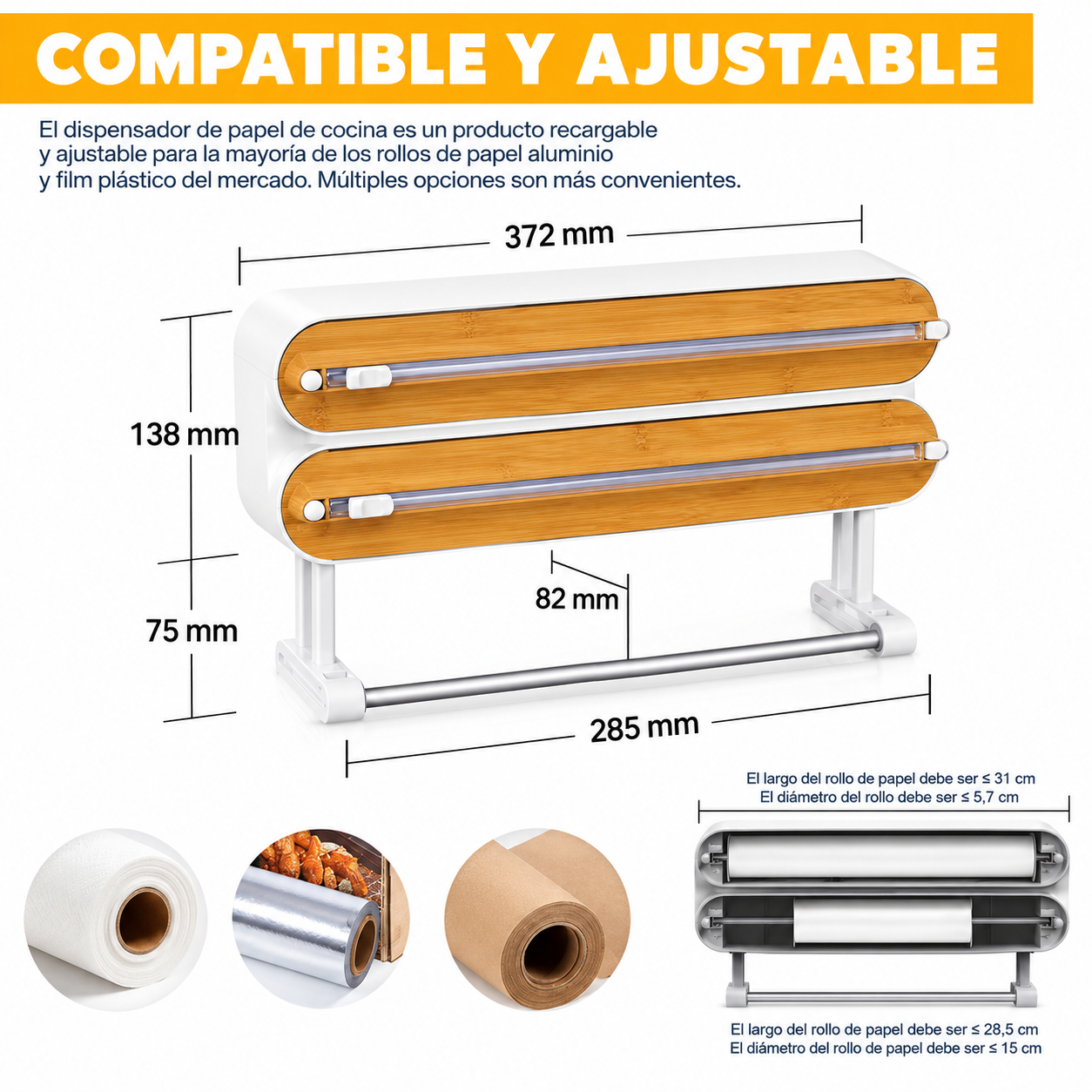 Dispensador de film y papel de cocina de pared